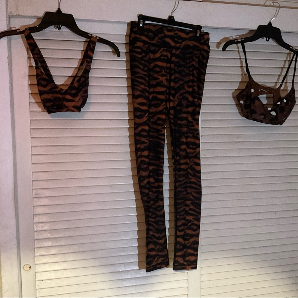 The Upside tiger set with leopard/cheetah print sports bra.